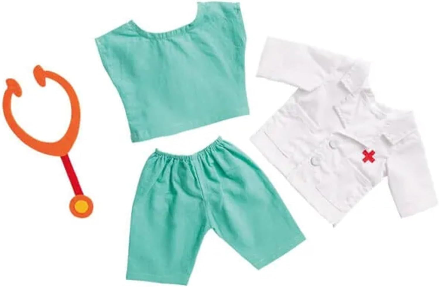 Heless 1653 - Bekleidungs-Set für Puppen, 4 teiliges Arzt-Outfit mit Hose, Hemd, Arztkittel und Stethoskop, Größe 28 - 35 cm