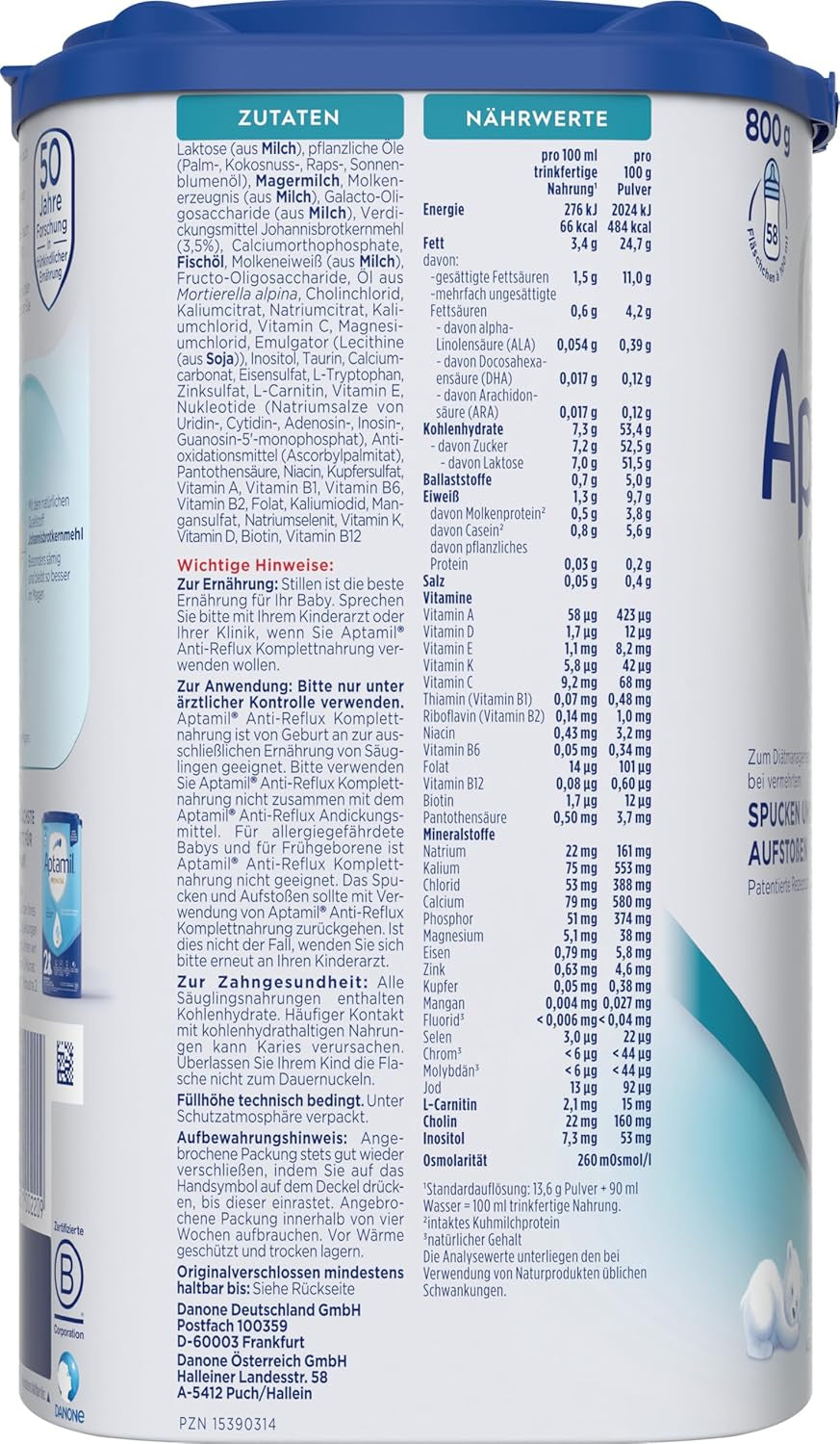 Aptamil Anti-Reflux - Formulă completă de la naștere, pentru gestionarea dietei, pentru vomă și regurgitație, hrană pentru bebeluși, lapte praf, 1 x 800 g