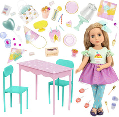 Glitter Girls - GG Surprise Birthday Party Set & Sashka - Bewegliche 36cm Puppe Sashka - Überraschungs-Geburtstagsparty-Set - Tisch & Stühle Möbel - 3 Jahre +