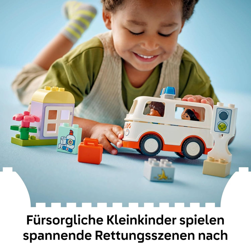 LEGO DUPLO Rettungswagen mit Fahrer - Lernspielzeug für Kleinkinder ab 2 Jahren - Montessori Spielzeug für Rollenspiele - Rettungswagen Spielzeug mit Auto, Haus, 2 Figuren - Geschenk für Kinder 10447