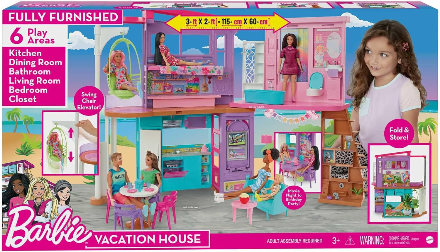 Casă de vacanță Barbie (116 x 77,9 cm), 6 locuri de joacă, complet mobilată cu accesorii, mobilier și lift, pliabilă și depozitabilă, păpușă, cadou pentru copii cu vârsta de 3 ani și peste, HCD50