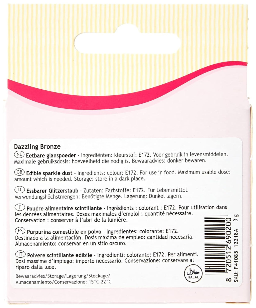 Funcakes Sparkle Dust Dazzling Bronze: Pudră de colorant alimentar strălucitoare pentru decorarea torturilor, certificată Halal