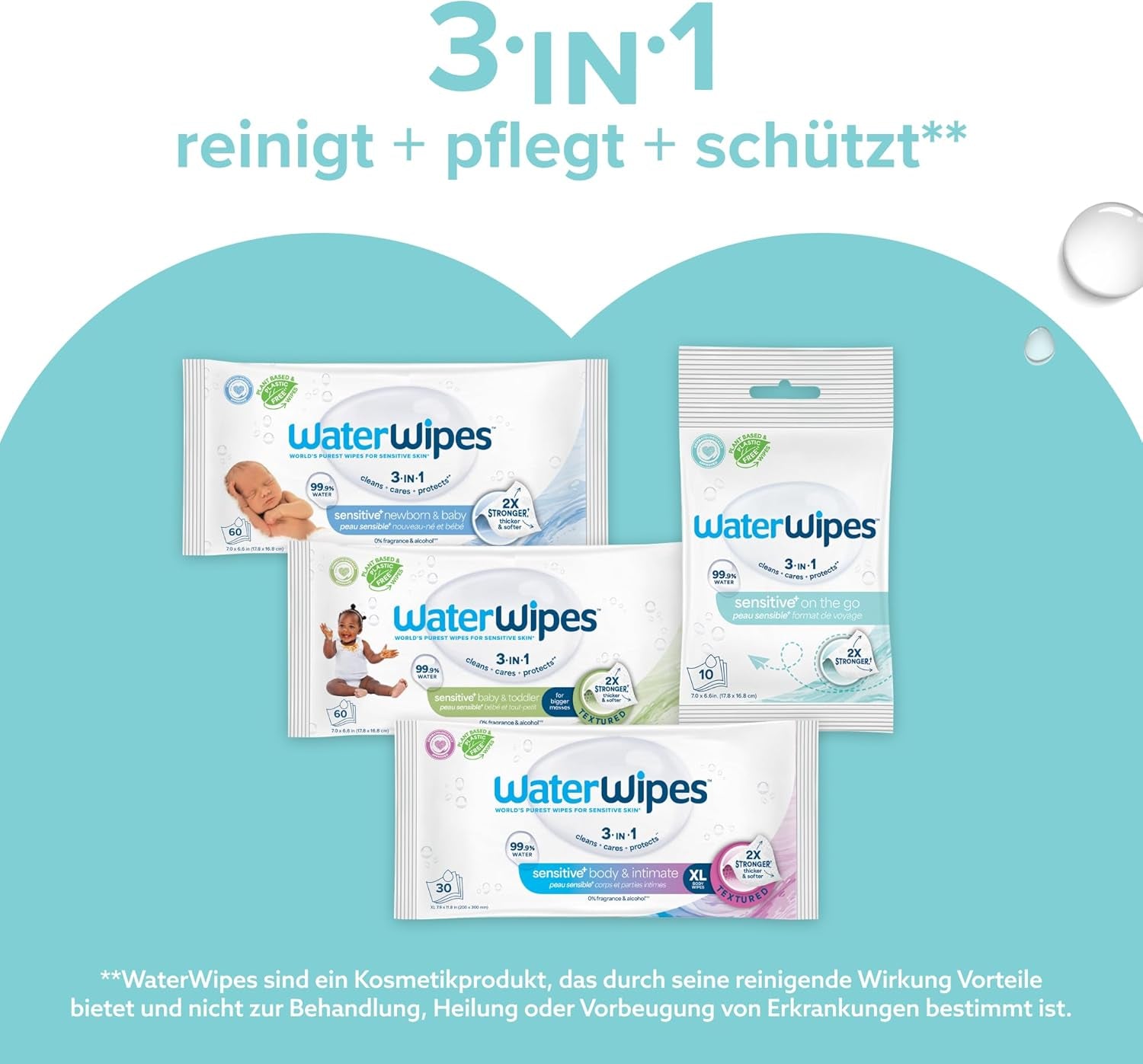 Șervețele umede WaterWipes Sensitive+ On The Go, 100 de șervețele (10 pachete), 3 în 1 curăță, îngrijește, protejează, 99,9% apă, șervețele fără parfum