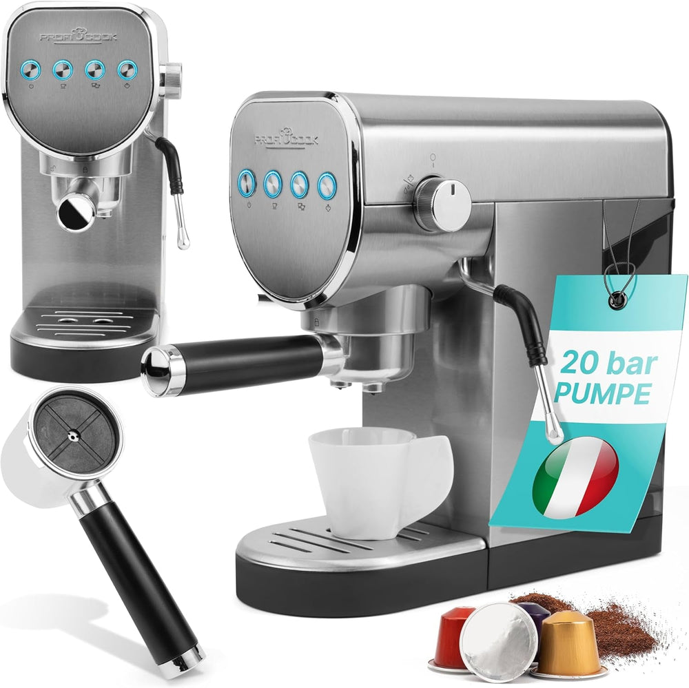 Espressor ProfiCook® 2 în 1 | pentru cafea măcinată și capsule compatibile Nespresso | portfiltru | 20 bar | sistem de lapte pentru latte și cappuccino | portfiltru pentru espresso | PC-ES 1266