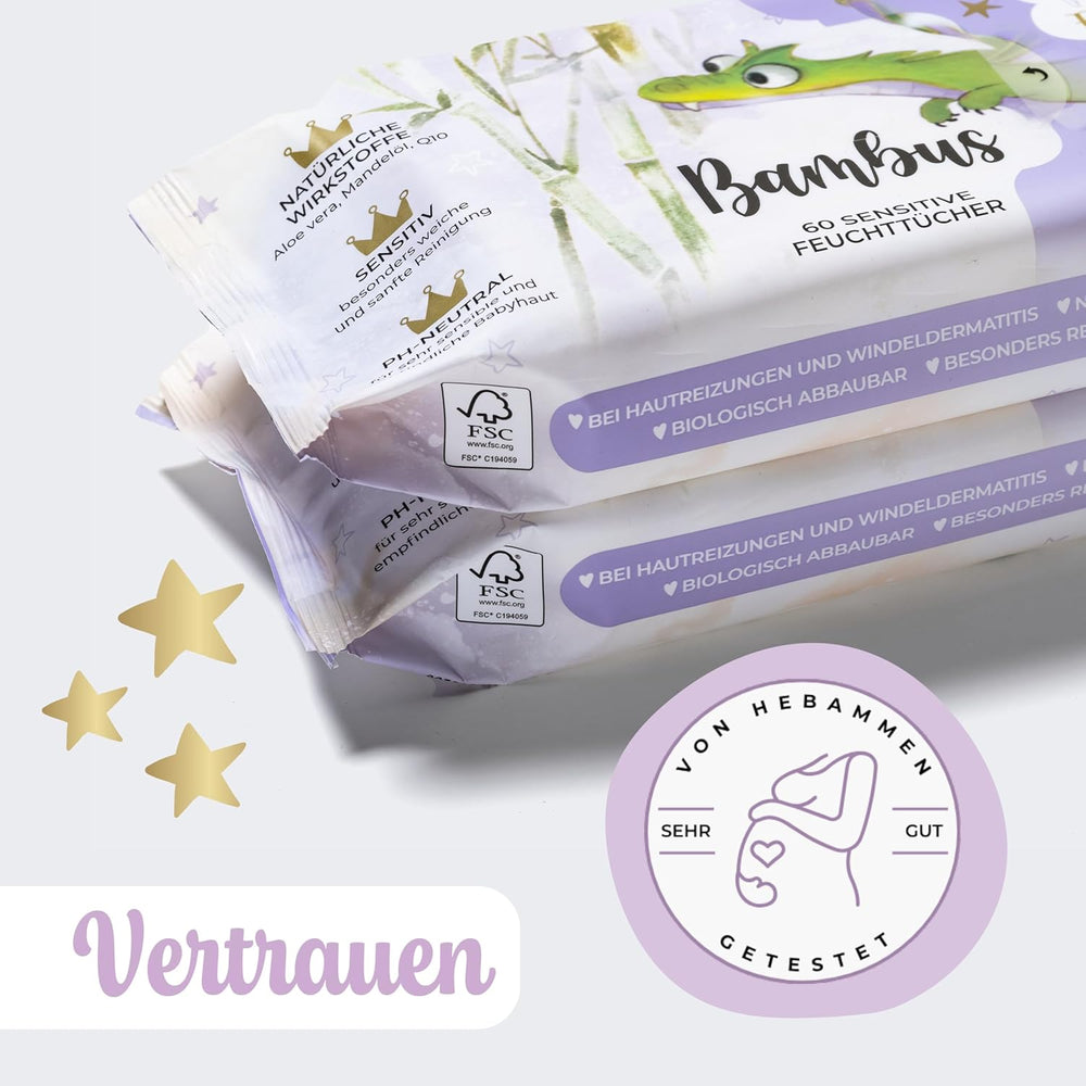 Șervețele umede Millis Bamboo Baby Sensitive pentru pielea delicată a bebelușilor – 5 x 60 bucăți – Curățare naturală, blândă și sustenabilă – Șervețele biodegradabile pentru bebeluși, fără plastic și fără alcool