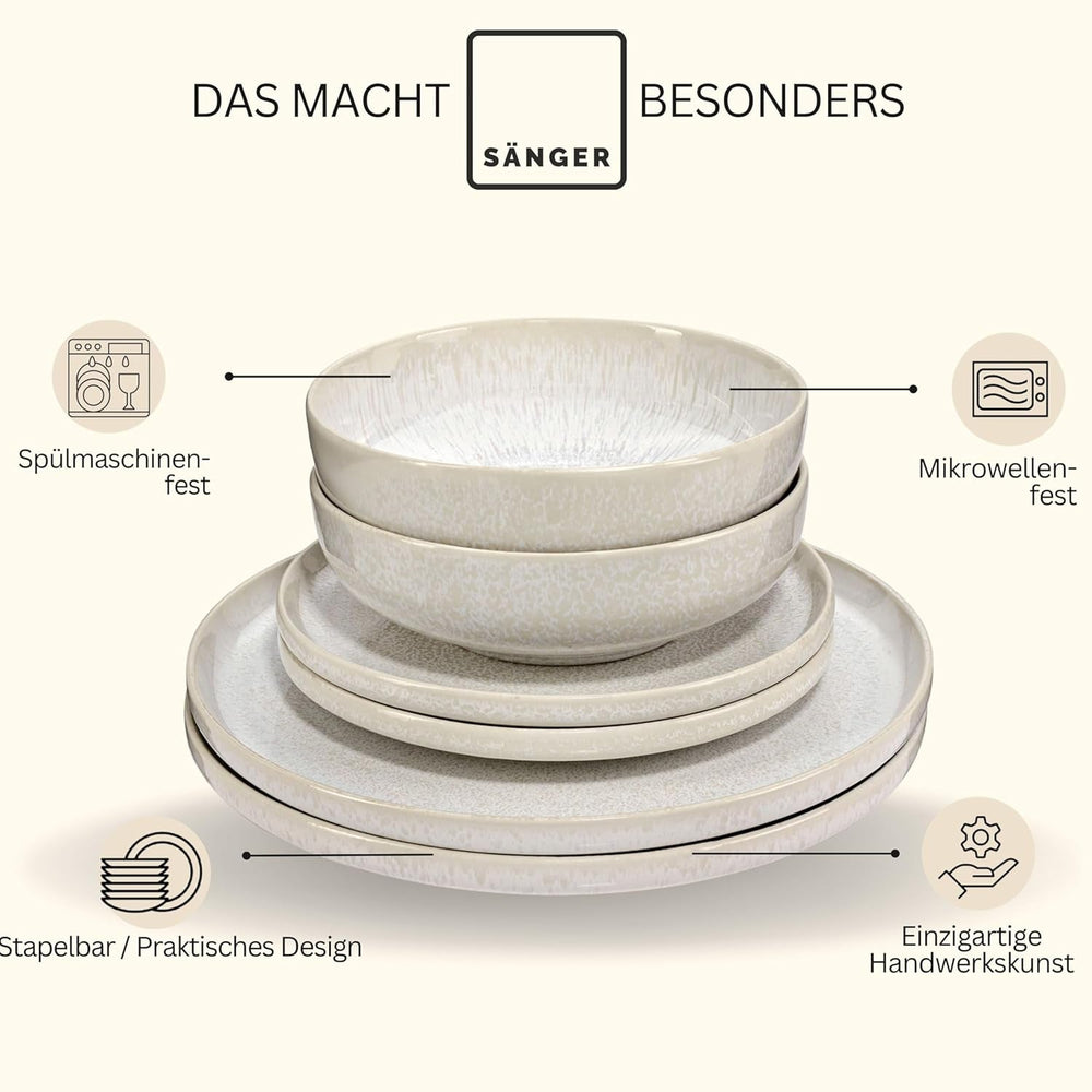 SÄNGER | Set de veselă Corfu cu 24 de piese, serviciu de cină pentru 8 persoane, ceramică lucrată manual, set de farfurii care include farfurii de cină, farfurii de desert și farfurii de sumă, veselă de culoare crem cu textură nisipoasă
