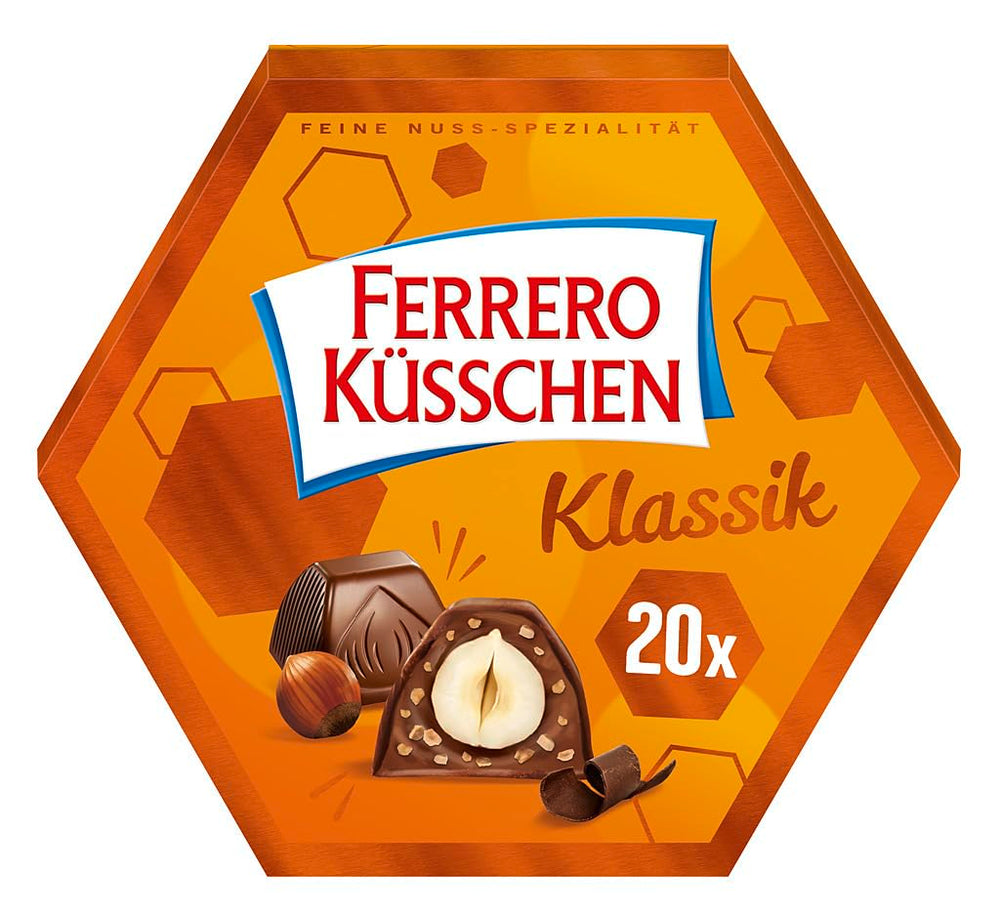 Ferrero Küsschen White Crispy – Cadou de Ziua Îndrăgostiților pentru el și ea – Alune prăjite crocante în cremă ușoară cu chipsuri crocante, acoperite cu ciocolată albă, 1 pachet de 20 de praline individuale