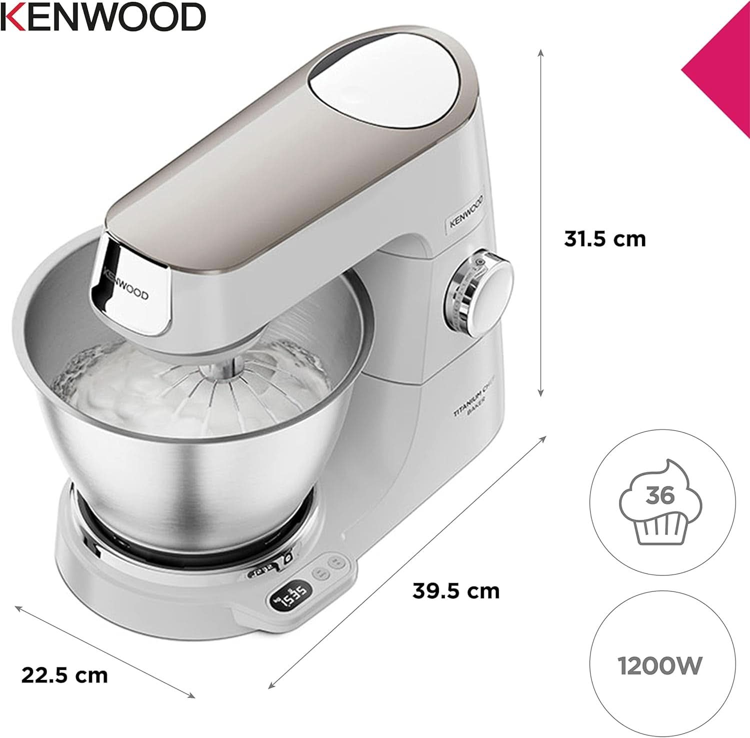 Kenwood Titanium Chef Baker KVC65.001WH, Küchenmaschine Mit Integrierter Waage, 1200 Watt, Inkl. 3-Teiligem Patisserie-Set, Spatel & Spritzschutz, Weiß Mama si Copilul Naty Shop