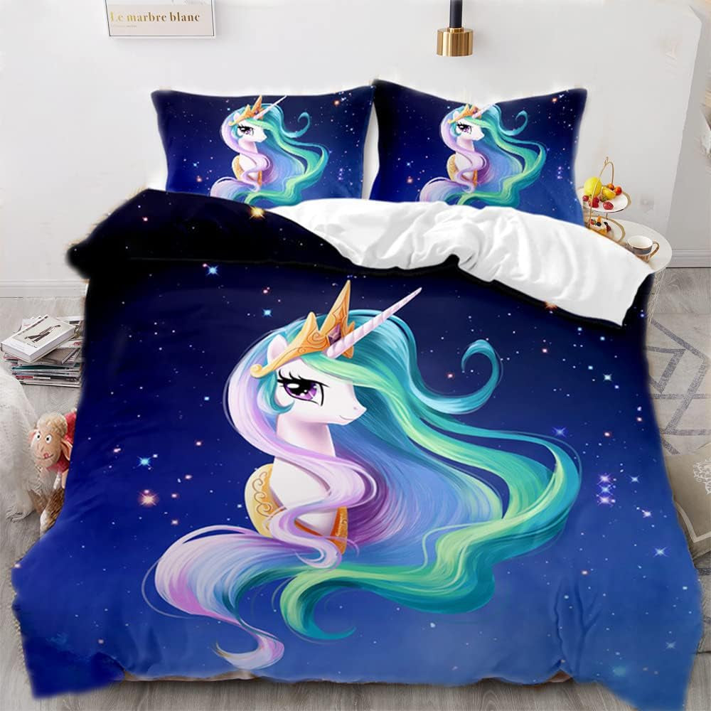 Lenjerie de pat pentru fetite, Unicorn, 2 fețe de pernă Lenjerie de pat - copii Naty Shop Unicorn pe fundal albastru 220×240 Cm