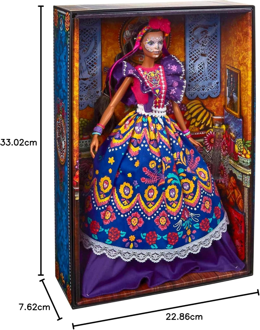 Păpușă Barbie 2022 Día De Muertos cu rochie tradițională cu volane, coroană de flori și vopsea facială Calavera, cadou pentru colecționari