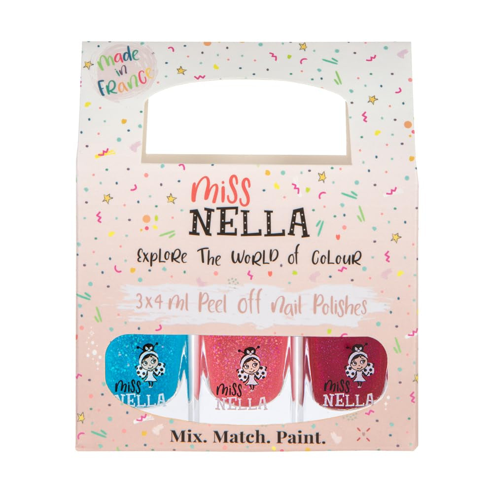 Set de ojă cu sclipici Miss Nella Magic Collection, 4 piese: roz, roșu, auriu și albastru, ojă detașabilă specială pentru copii, non-toxică, pe bază de apă și inodoră
