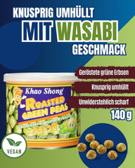 Mazăre verde prăjită Khao Shong cu wasabi, mazăre crocantă într-un aluat picant, o alternativă cu conținut scăzut de grăsimi la nuci, iuțeală medie, 1 conservă de 140 g | 140 g (1 pachet)