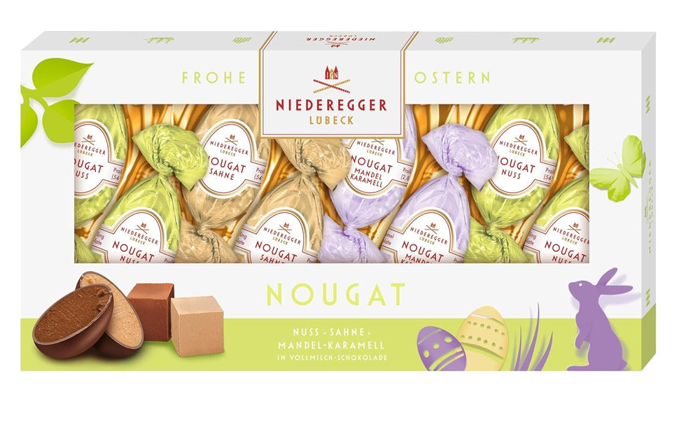 Niederegger | Ouă de nuga | 1 x 100g | Ouă de nuga în variantele Nuci, Smântână și Caramel cu Migdale | Învelite în ciocolată cu lapte | Ouă de Paște | Cadou de Paște