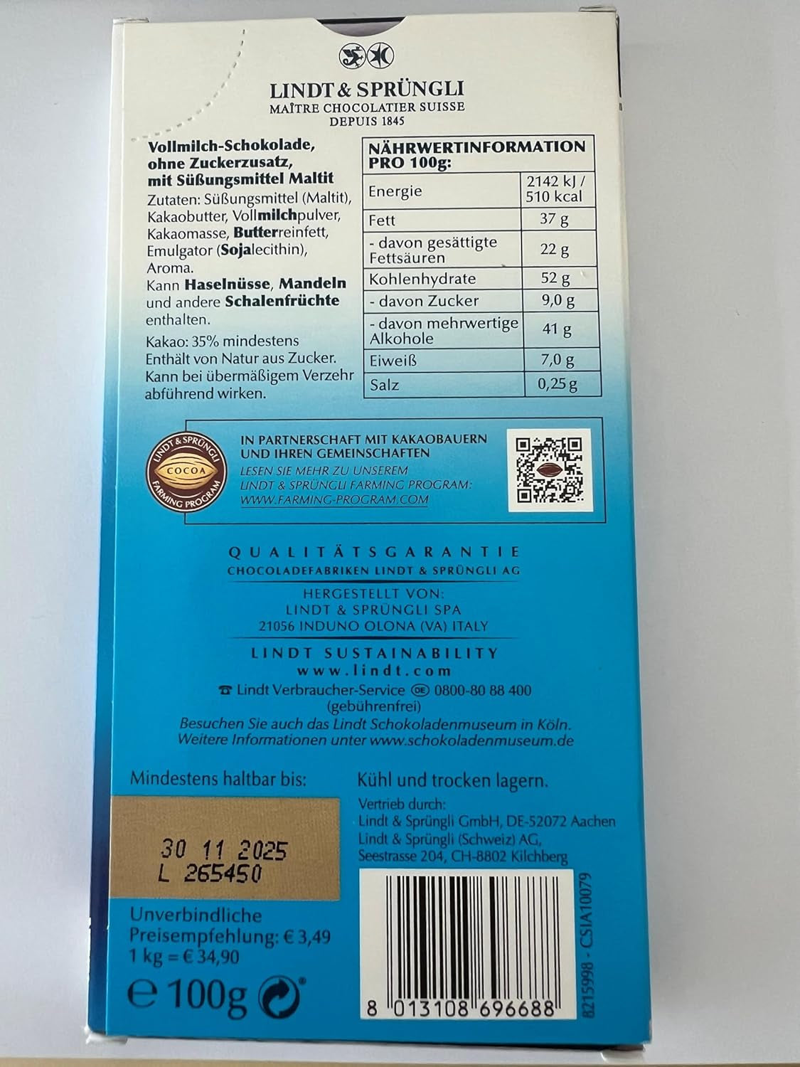 Ciocolată cu lapte Lindt fără zahăr adăugat | Baton 100g | Cea mai fină și fără gluten | Cadou de ciocolată