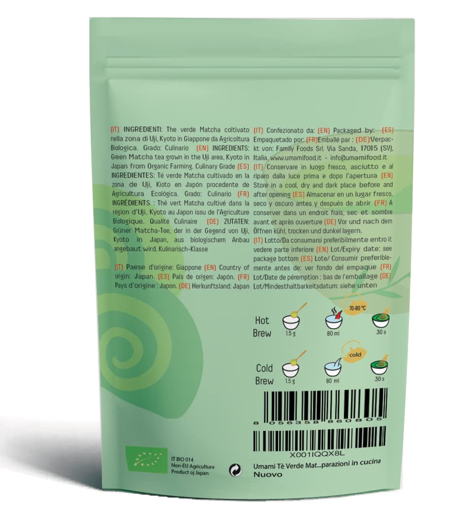 Pudră de ceai verde Umami Bio-Matcha – calitate culinară, cultivată în Uji, Kyoto (Japonia), din agricultură ecologică. Excelentă pentru băut sau pentru prepararea în bucătărie 100 g...