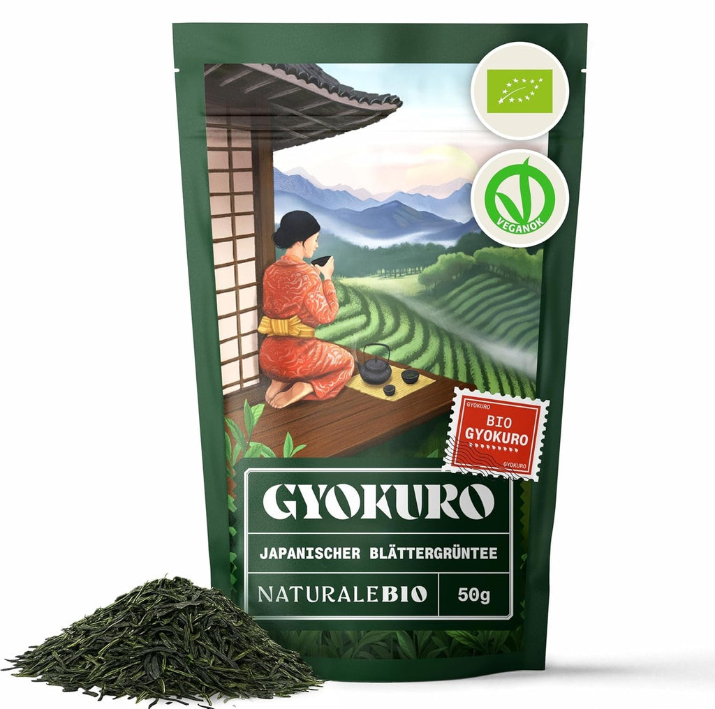 Naturalebio Ceai verde japonez Gyokuro. 50G Ceai organic. Natural și pur. Produs de calitate original din Japonia. Plăcere organică de înaltă calitate, cultivat tradițional pentru un gust optim.