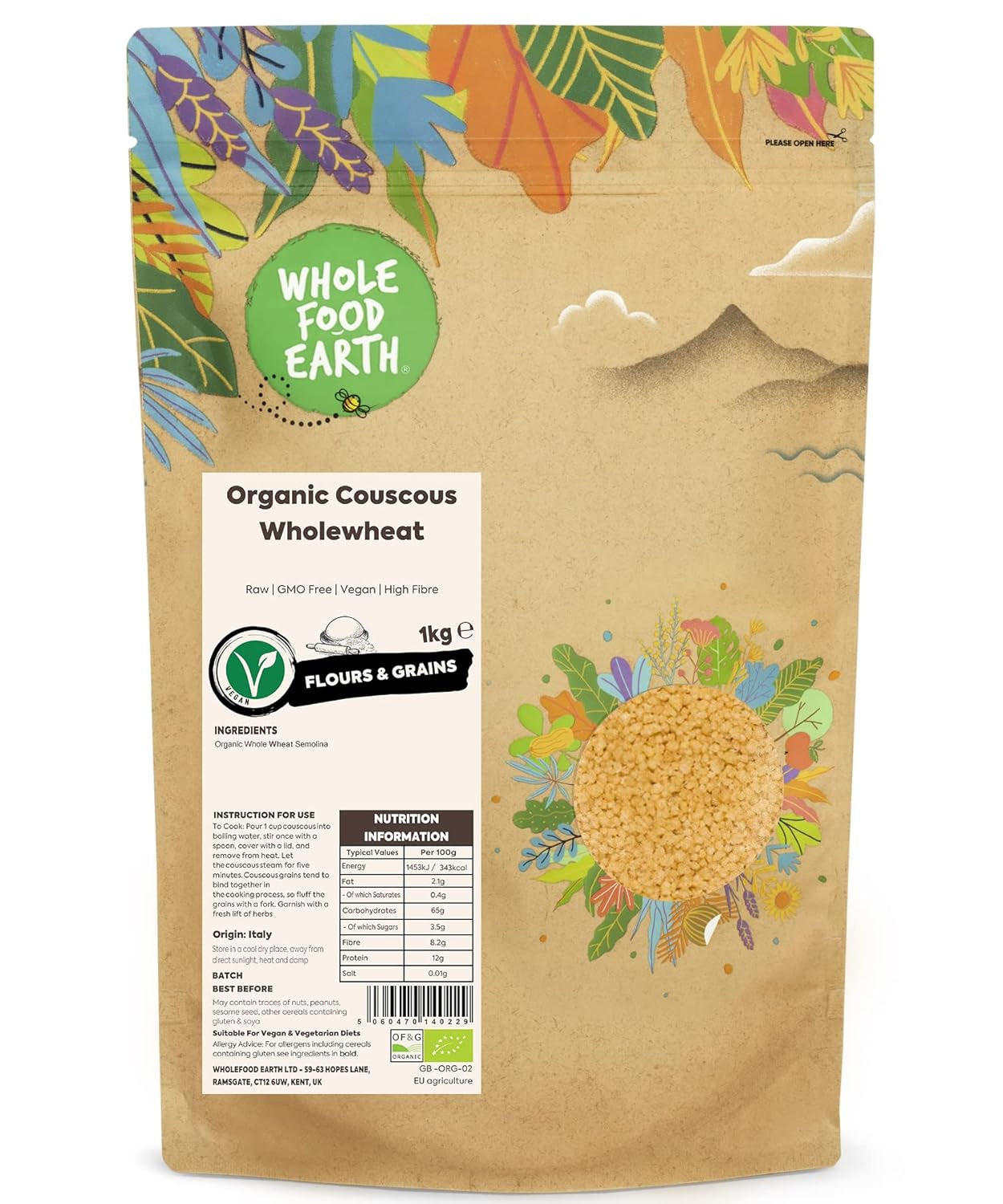 Cuscus integral organic Wholefood Earth – 1kg | Crud | Fără OMG | Vegan | Bogat în fibre | Certificat organic