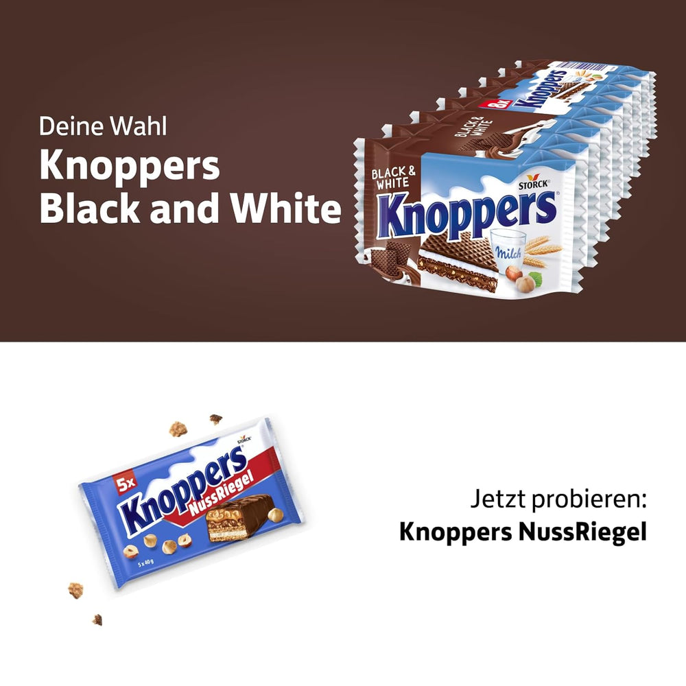Knoppers Alb și Negru – 8 x 25 g – Felii de napolitană umplute cu napolitane cu cacao neagră, bucăți de biscuiți negri, lapte și cremă de nuga