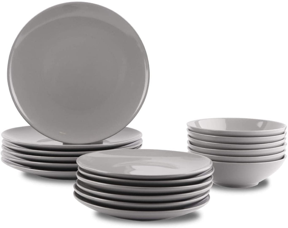 Set de veselă din gresie Amazon Basics, 18 piese, gri fumuriu, 6 porții
