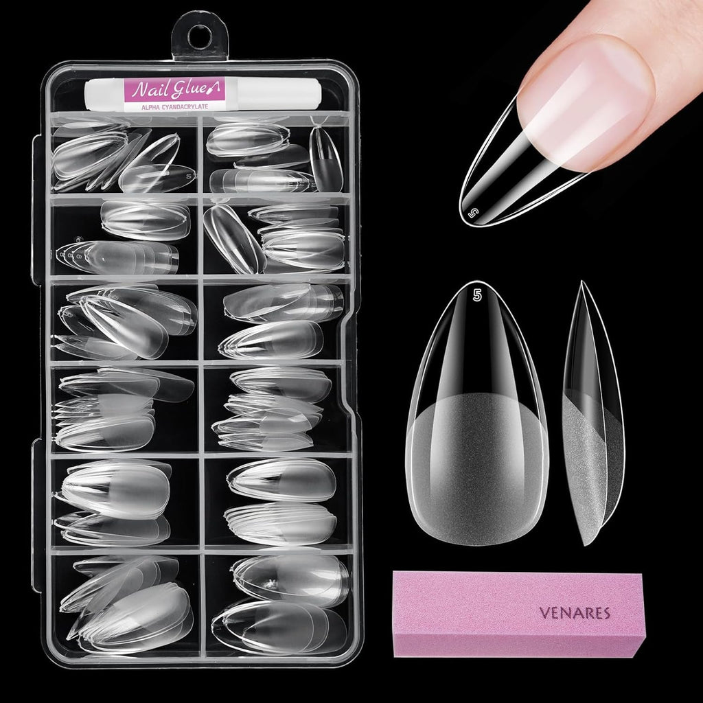 Tipuri de unghii pentru unghii cu gel, set 120 bucăți unghii artificiale scurte, culoare migdale, 11 dimensiuni unghii cu gel, tipuri de unghii cu lipici, bloc de buffer pentru unghii