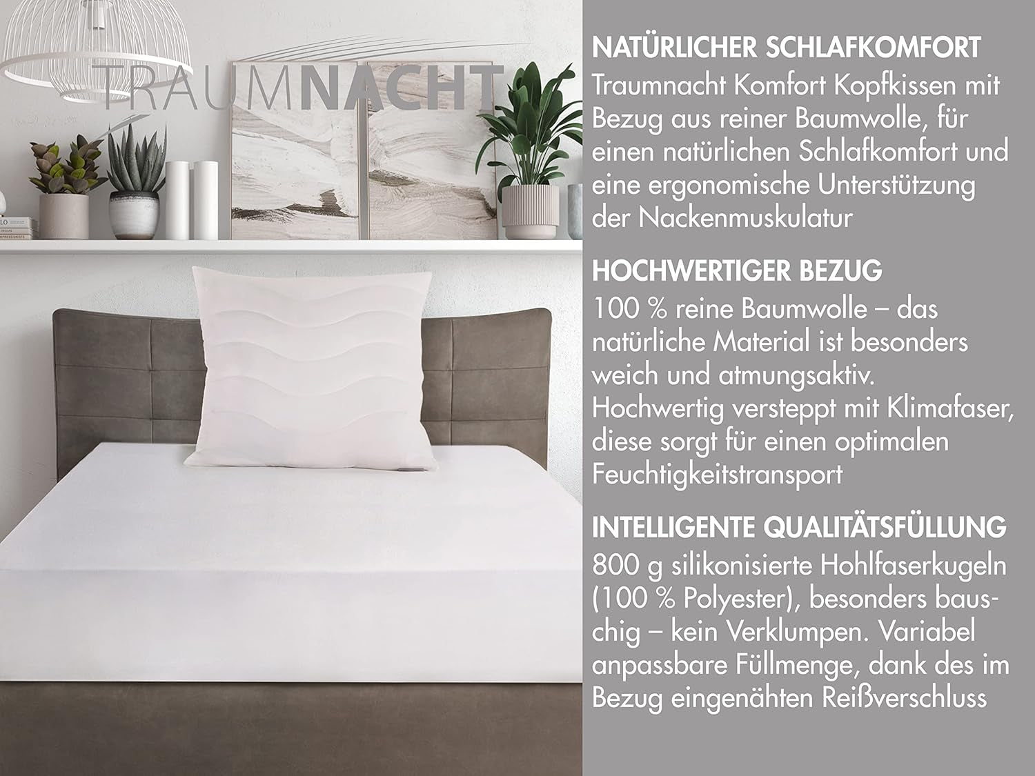 Traumnacht pernă confort cu capac din bumbac pur, pernă certificată Oeko-Tex cu fermoar, 80X80 Cm, Dezvoltat în Germania Perne standard Naty Shop