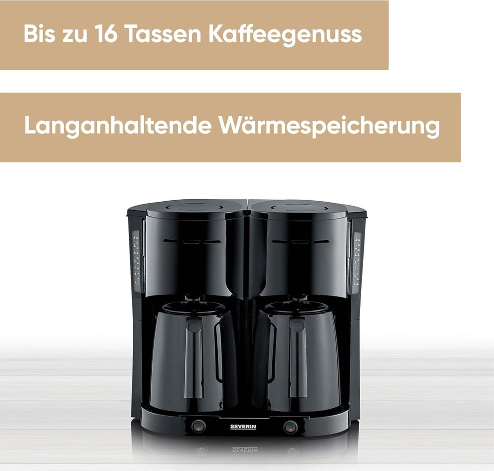 Aparat de cafea cu filtru SEVERIN Duo cu carafă termică, aparat de cafea pentru până la 16 cești, aparat de filtrare atractiv cu 2 carafe izolate, negru, KA 9315