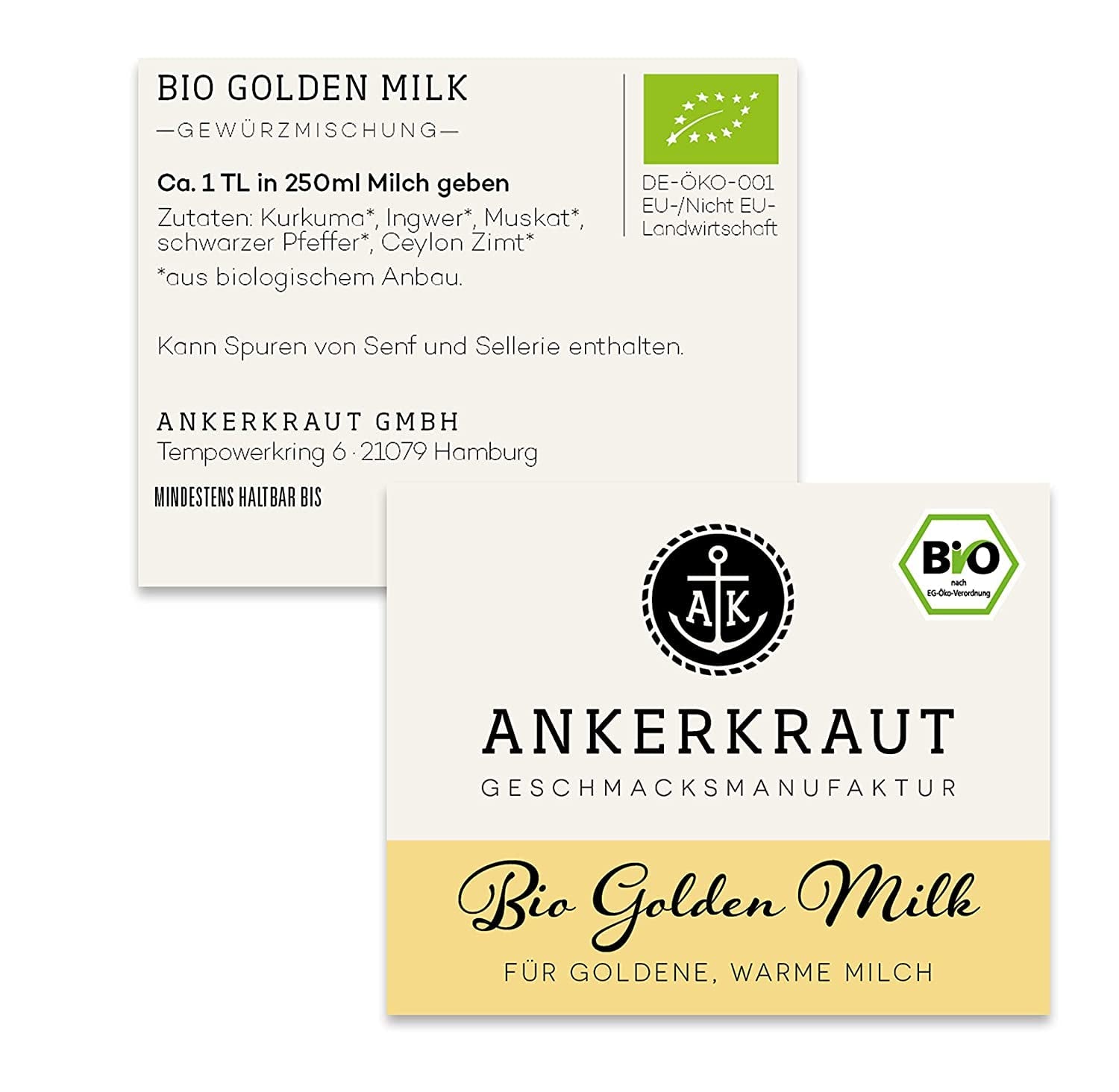 Ankerkraut Bio Golden Milk, Gewürz für goldene Milch, mit Kurkuma, Zimt und Ingwer, 75 g im Korkenglas
