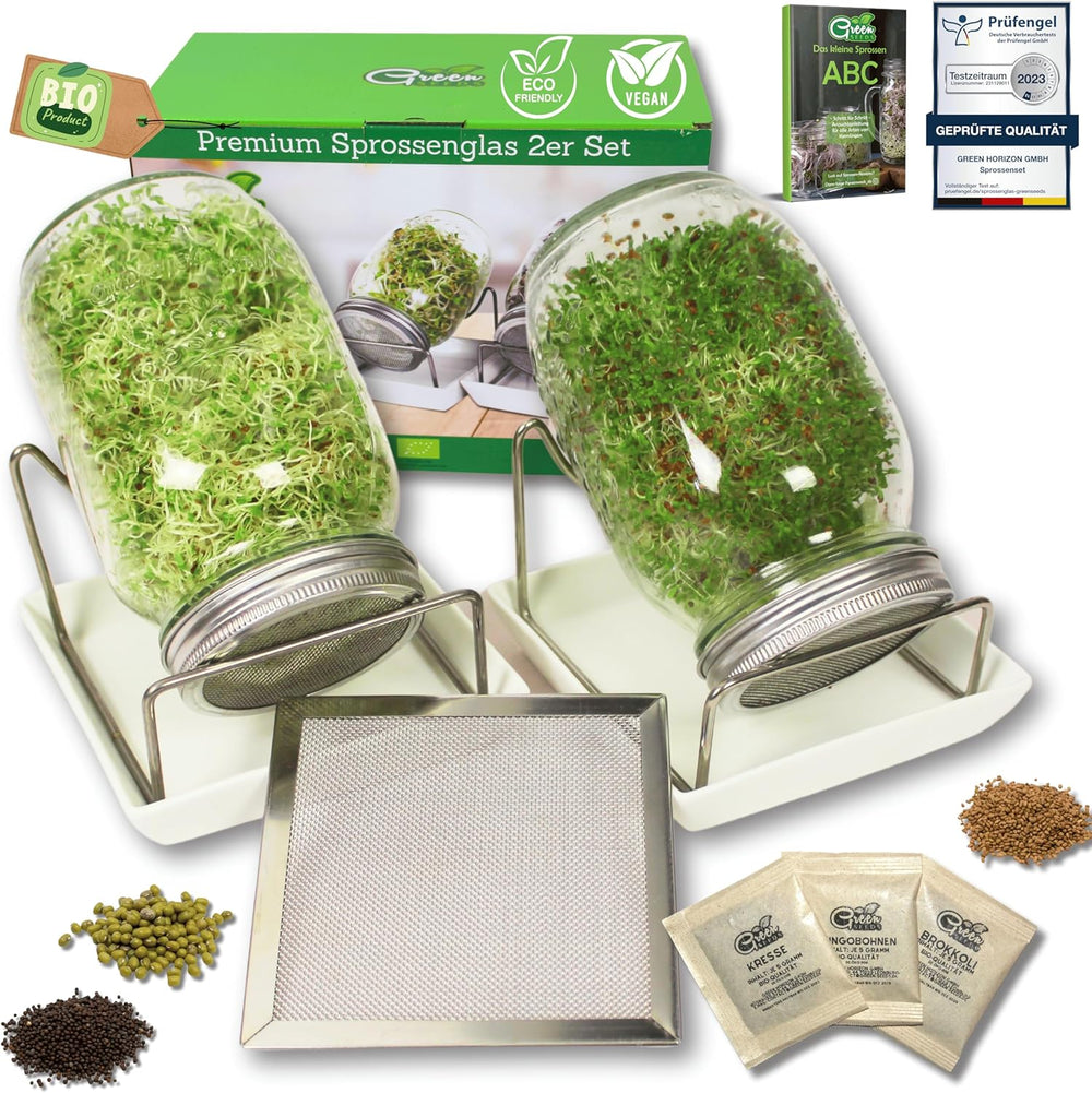 [Set original pentru începători cu borcan de germinare + sită pentru năsturel | 1000 ml cu capac din plasă din oțel inoxidabil de înaltă calitate, suport, tavă ceramică + ABC pentru germinare [Versiune tipărită] Tavă pentru răsaduri cu borcan de germinare