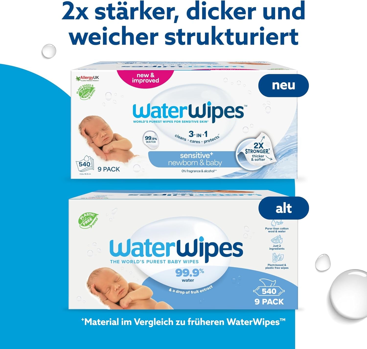 Șervețele umede WaterWipes Sensitive+ pentru nou-născuți și bebeluși, 540 bucăți (9 pachete), curățare, îngrijire, protecție 3 în 1, 99,9% apă, fără parfum