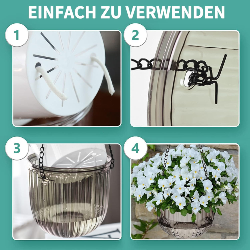 Set de 2 jardiniere suspendate cu auto-udare, ghivece de flori suspendate de interior de 16,5 cm cu 3 cârlige și găuri de drenaj pentru utilizare în interior și exterior, tavane, balcoane și decorațiuni de perete (gri)