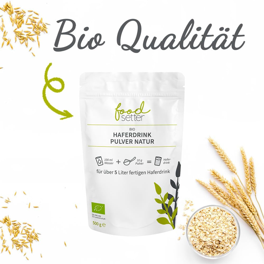 foodsetter Bio Haferdrink Pulver | 500g Beutel | Haferpulver | Instant Haferpulver | Bio-Quallität | Vegan | Glutenfrei | Ohne Zuckerzusatz | 0,5kg