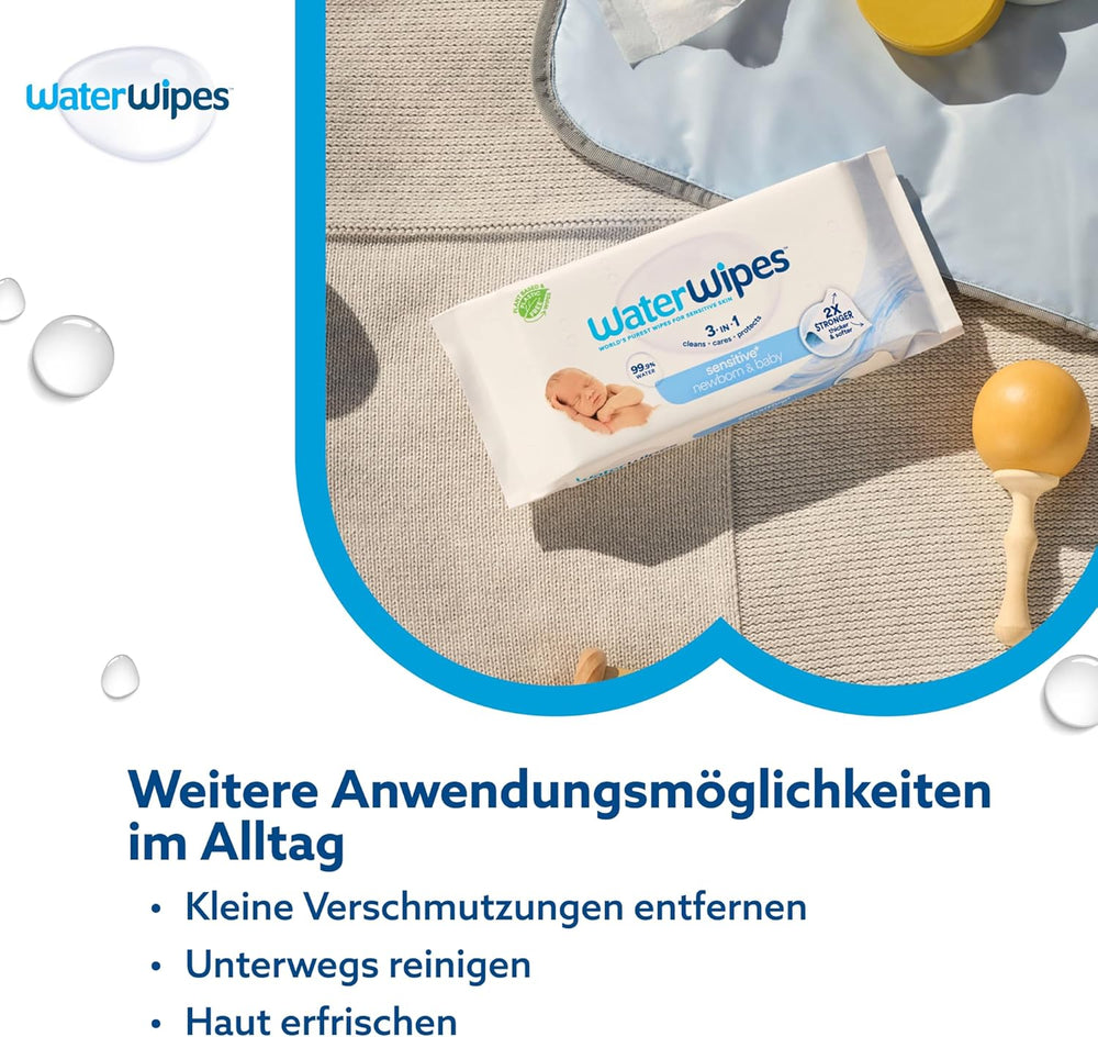 Șervețele umede WaterWipes Sensitive+ pentru nou-născuți și bebeluși, 240 bucăți (4 pachete), curățare, îngrijire, protecție 3 în 1, 99,9% apă, fără parfum
