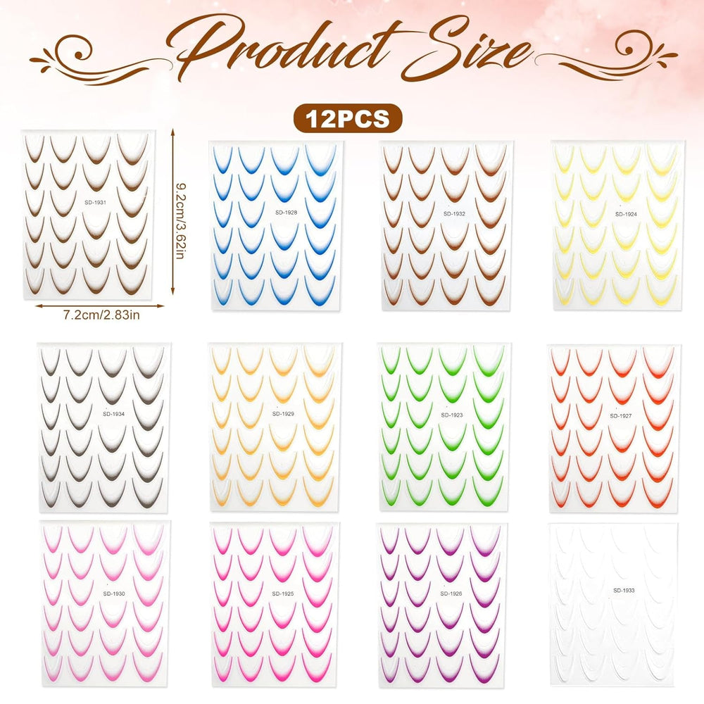 12 Stück French Tip Nagelsticker Selbstklebend Bunte French Nails Schablone Nagelaufkleber Nail Art Stickers Nageldesign DIY Nägel Zubehör(12 Farben)