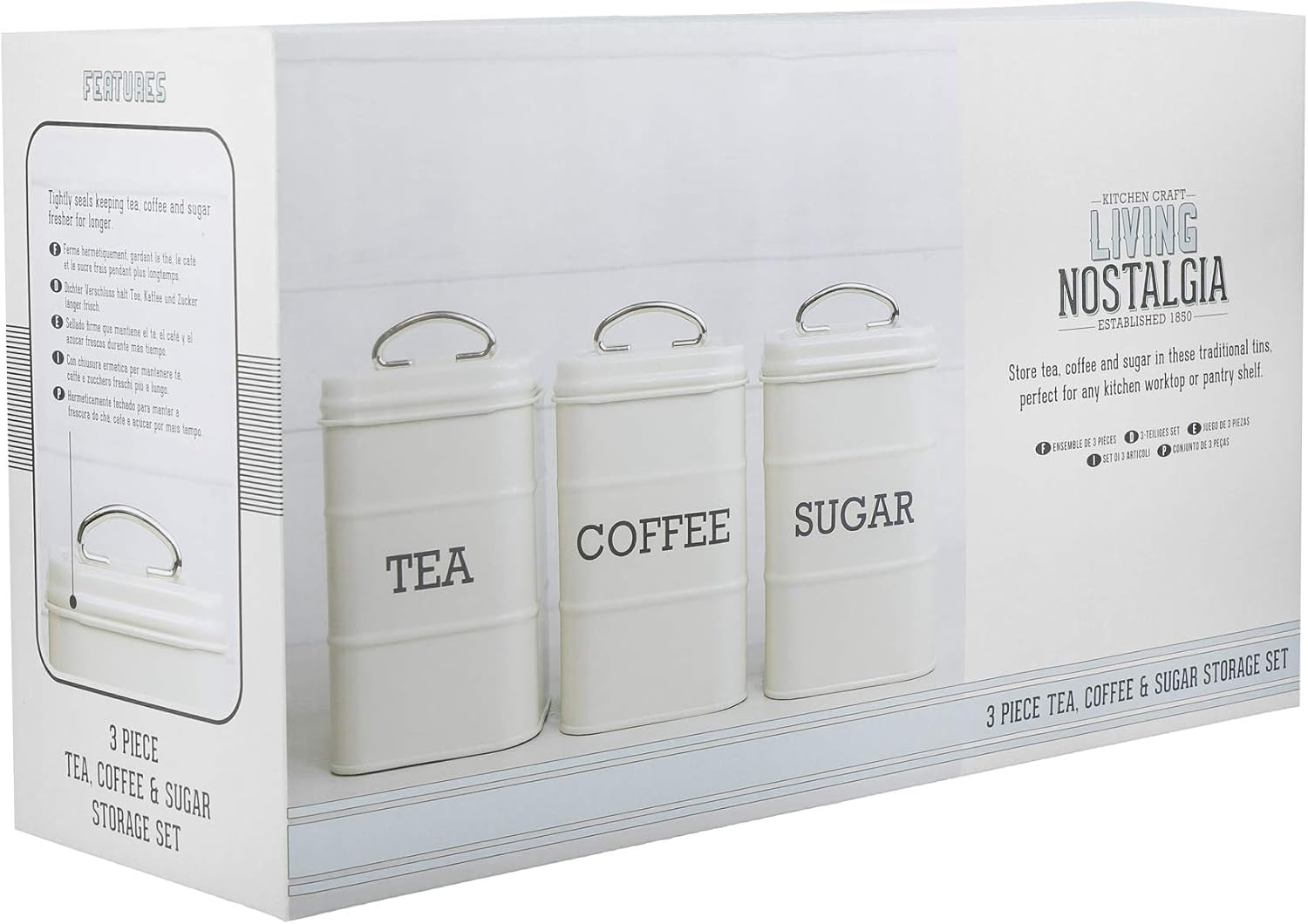 KitchenCraft Living Nostalgia set de 3 borcane de depozitare pentru ceai, zahăr și cafea, în cutie cadou, oțel, Antique Cream , 11 cm x 11 cm x 17 cm, Vintage Blue Cutii depozitare alimente Naty Shop