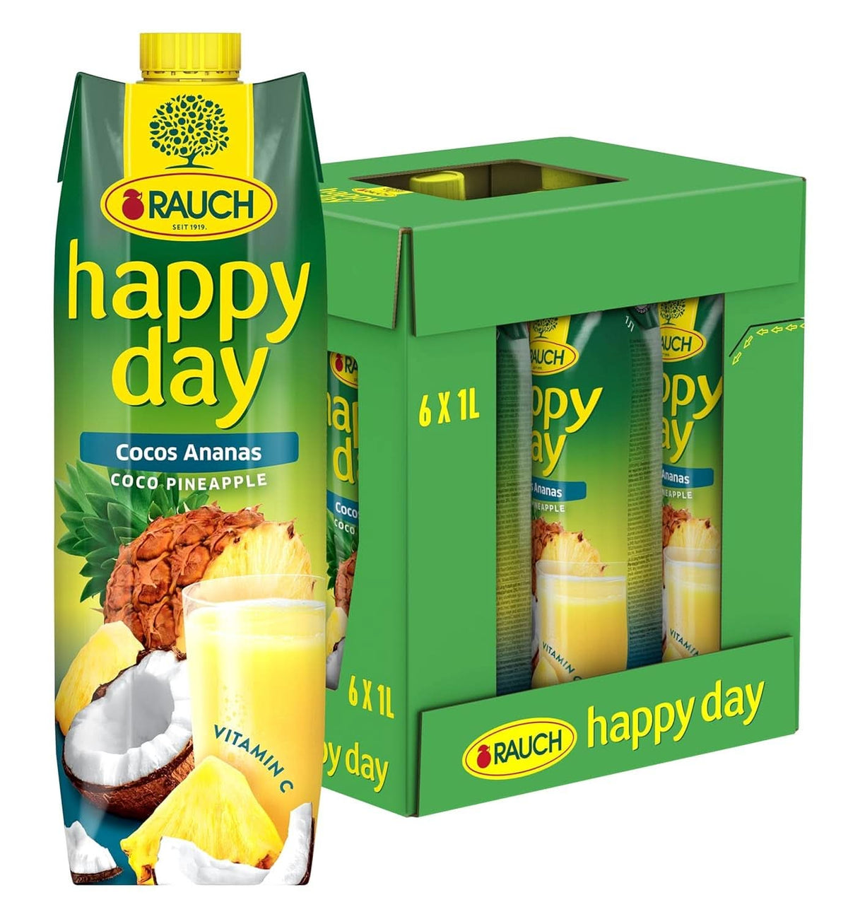 Rauch Happy Day Coconut-Pineapple | O călătorie în Caraibe | Suc de fructe din ananas și apă de nucă de cocos | 6 x 1 litru, Tetra Prisma Bauturi fara alcool Naty Shop