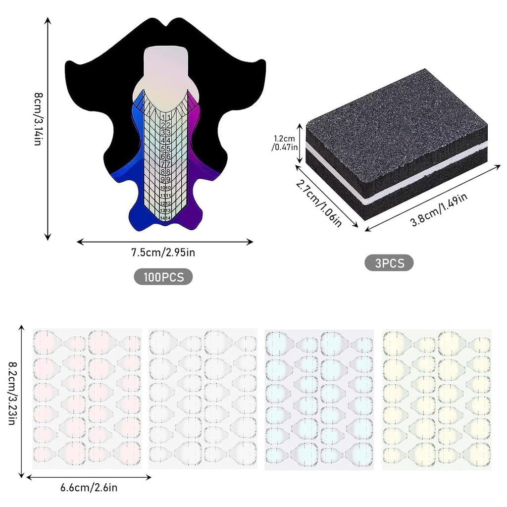 100 de șabloane pentru unghii, șabloane de modelare, autoadezive, cu 4 foi de tampoane adezive transparente pentru unghii și 3 pile de unghii, accesorii pentru extensii de unghii cu gel, pentru unghii artificiale