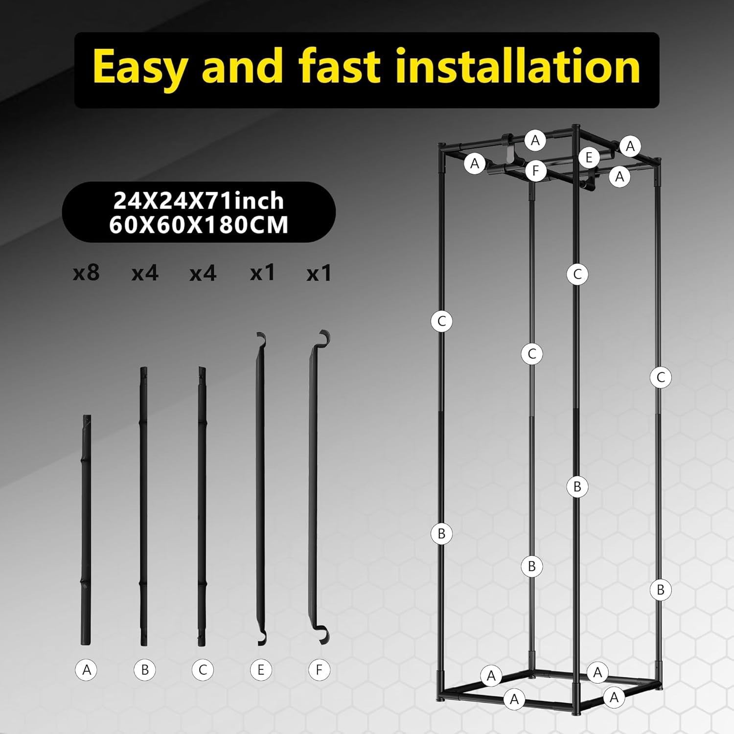 Cort de creștere 60x60x180cm, material Oxford 600D cu folie reflectorizantă de poliester, tuburi de oțel de 22 mm, orificii de ventilație și ferestre de vizualizare, corturi de creștere pentru hidroponie, sere și grădini interioare