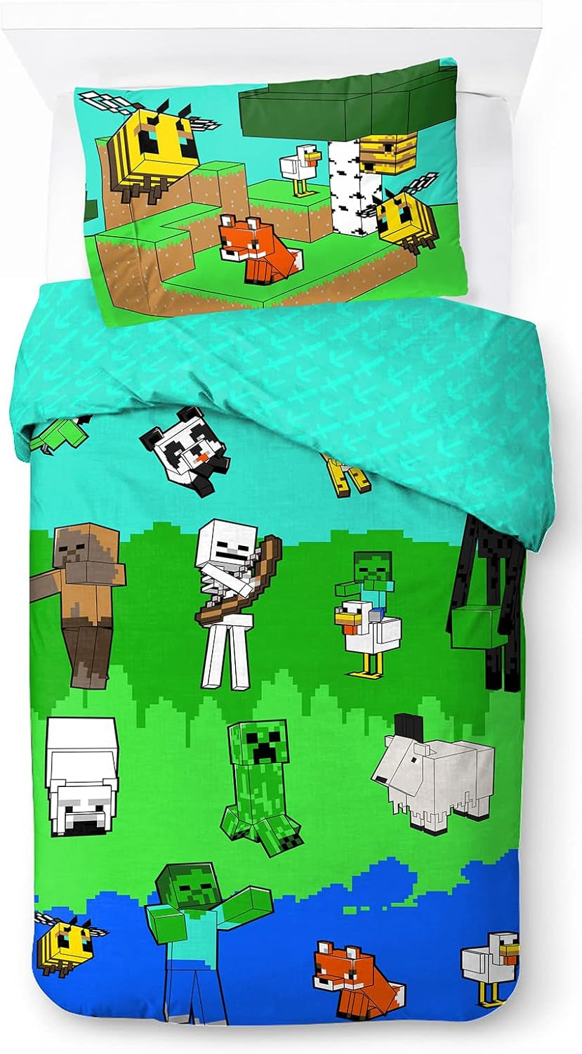 Lenjerie de pat pentru copii, unisex, printese si super eroi, 100% bumbac Lenjerie de pat - copii Naty Shop Multicolor - Minecraft 135X200/50X70 (2 Piece)