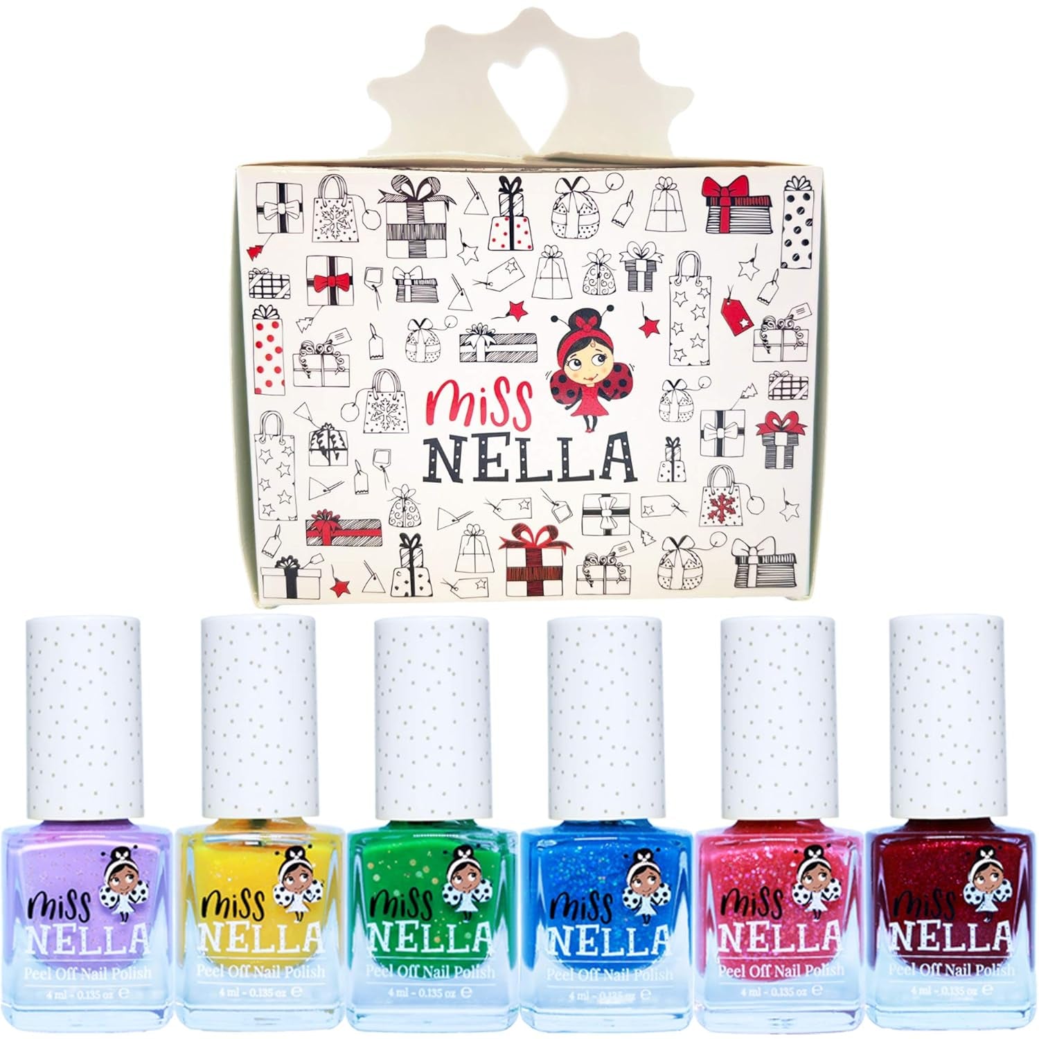 Set de ojă cu sclipici Miss Nella Magic Collection, 4 piese: roz, roșu, auriu și albastru, ojă detașabilă specială pentru copii, non-toxică, pe bază de apă și inodoră