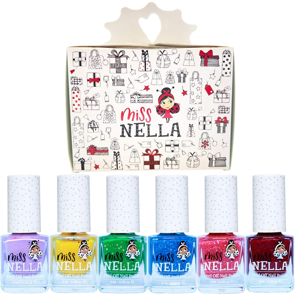Set de ojă cu sclipici Miss Nella Magic Collection, 4 piese: roz, roșu, auriu și albastru, ojă detașabilă specială pentru copii, non-toxică, pe bază de apă și inodoră