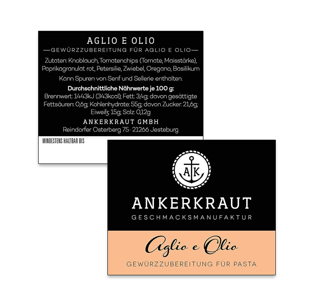 Ankerkraut Aglio e Olio, italienische Gewürzmischung für Pasta und klassische Spaghetti-Nudeln, 120g im aromadichten Beutel
