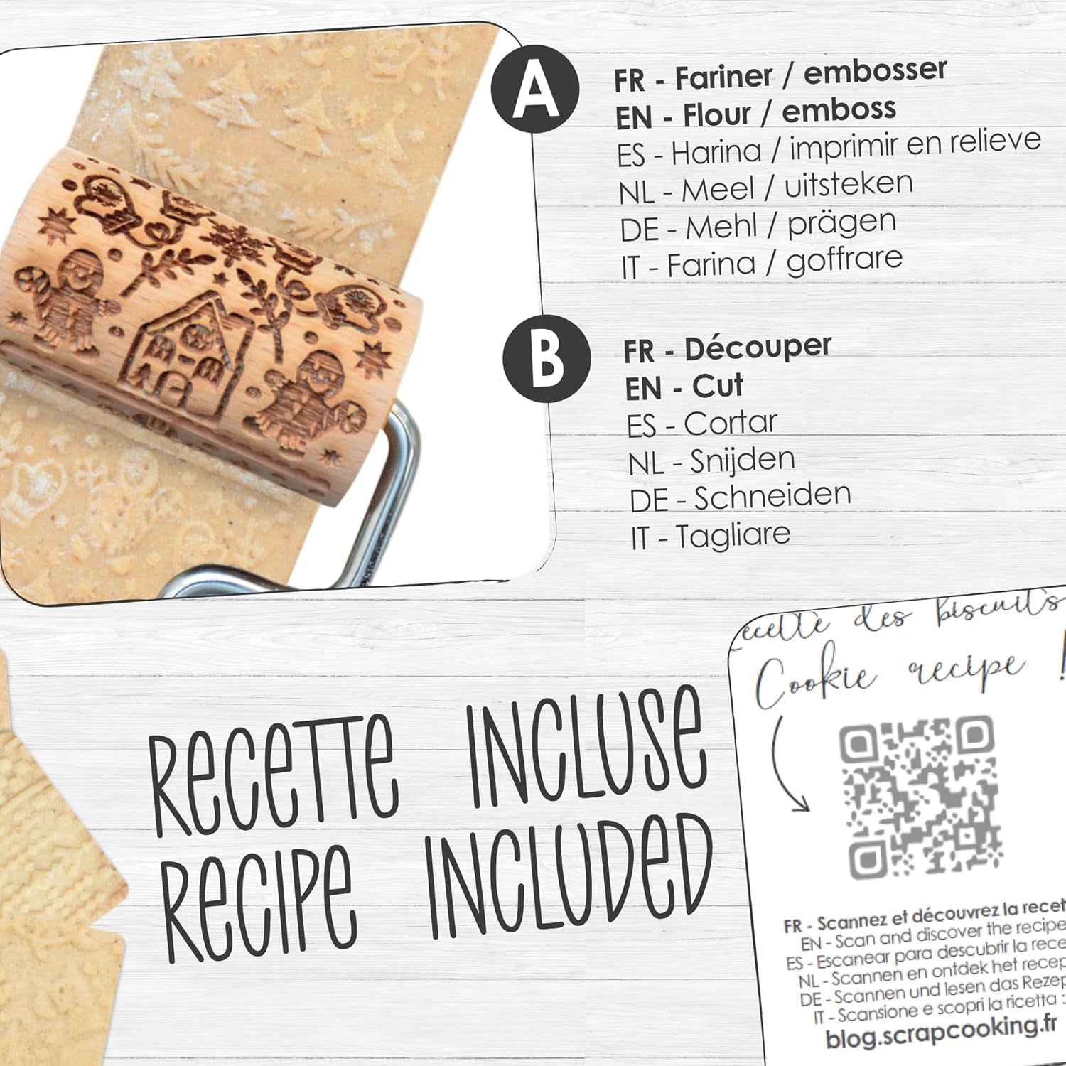 ScrapCooking 3798 Set Rulouri de Biscuiți Crăciun – 3 Mini Rulouri de Biscuiți din Lemn cu Motive – Decorațiuni în Relief – Formă de Biscuiți Sablată