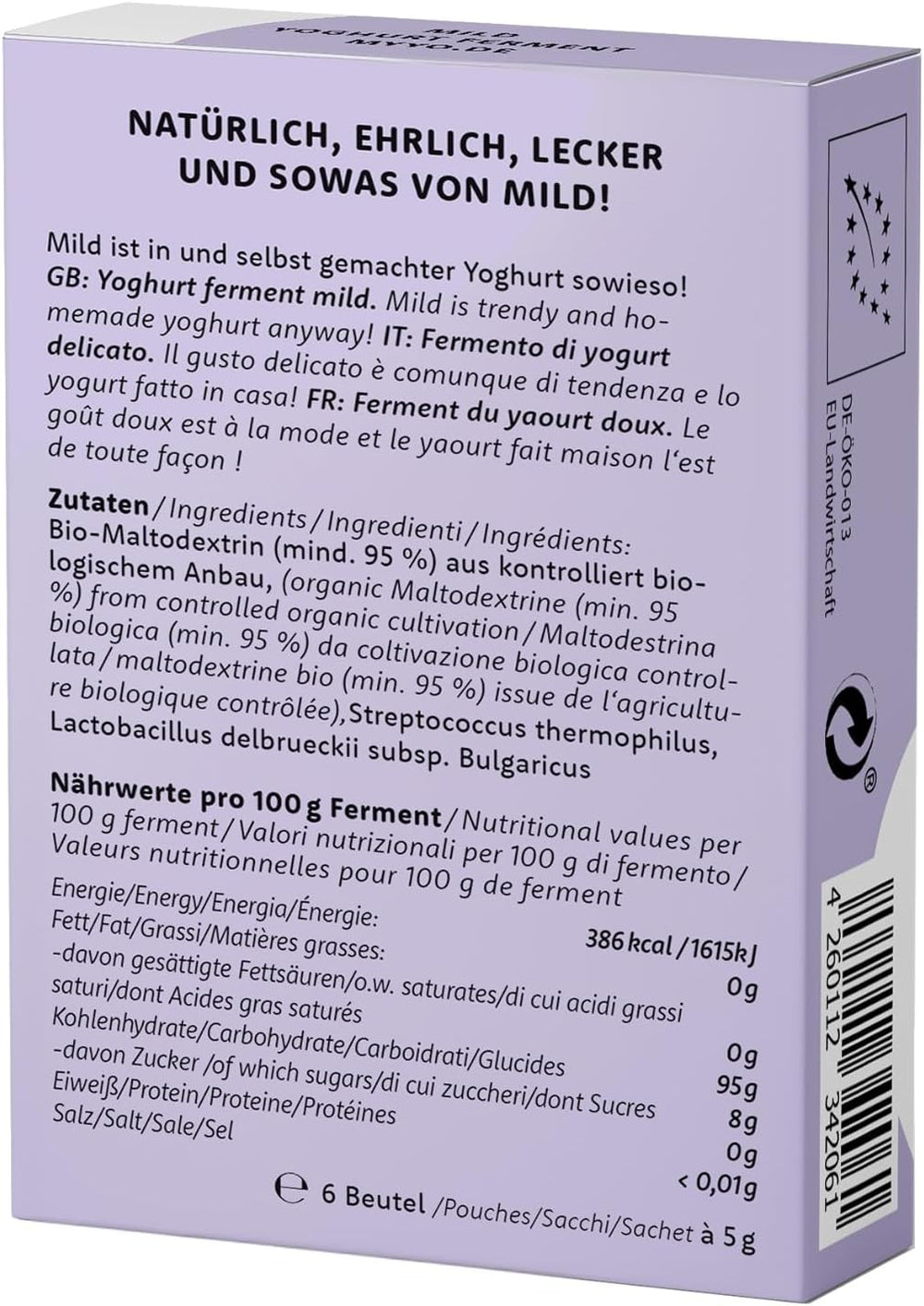 Bio Joghurtferment Mild | 6x5 gr | Joghurtkulturen für bis zu 30 L selbst gemachten milden Joghurt