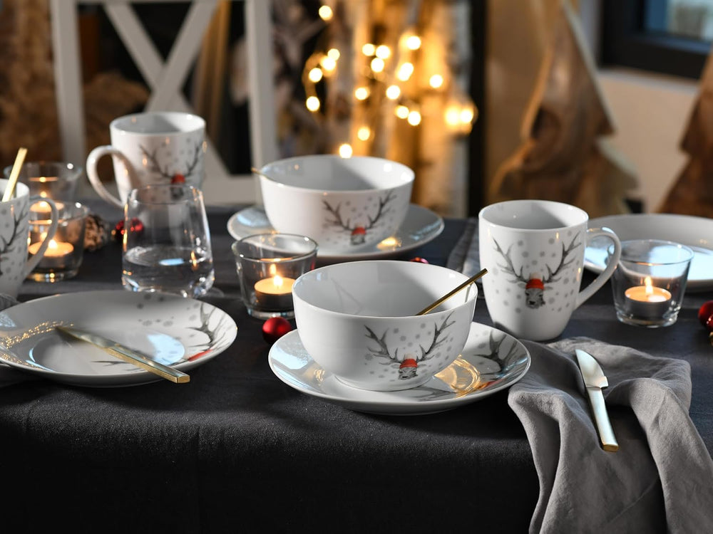 CreaTable, 21498, seria Luna Hirsch, set de veselă cu 18 piese pentru 6 persoane, set de mic dejun din porțelan, potrivit pentru mașina de spălat vase și cuptorul cu microunde, producție de calitate