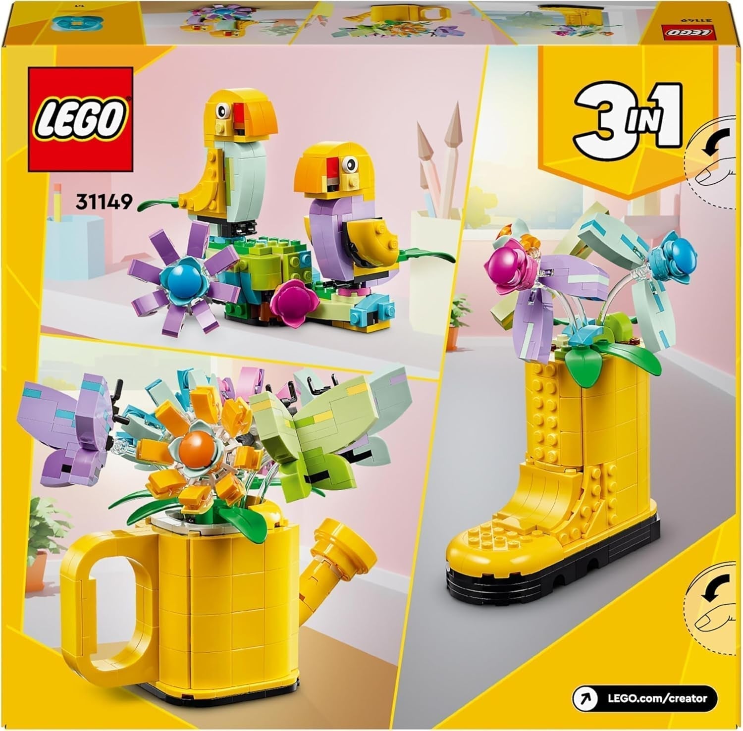 LEGO Creator 3In1 Set de stropitoare cu flori, decorare cameră copii, construiește o stropitoare cu buchet de flori, cizme de cauciuc sau 2 păsări de jucărie, cadou creativ pentru fete și băieți de la 8 ani 31149 Seturi de constructie Besuche den LEGO-Store