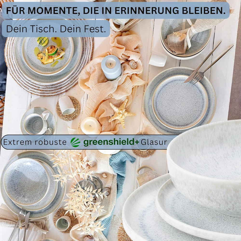 SÄNGER | Set de veselă Santorini cu 12 piese, set de farfurii pentru 4 persoane, evaluat FOARTE BUN, set de veselă din gresie, inclusiv farfurii de cină, farfurii de desert și farfurii de sumă, crem cu gradient liliac-albastru | COLECȚIA PREMIUM