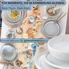 SÄNGER | Set de veselă Santorini cu 12 piese, set de farfurii pentru 4 persoane, evaluat FOARTE BUN, set de veselă din gresie, inclusiv farfurii de cină, farfurii de desert și farfurii de sumă, crem cu gradient liliac-albastru | COLECȚIA PREMIUM