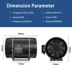 Ventilator de conductă reglabil Aygrochy 200 mm 70 W, ventilator de evacuare cu motor EC pentru încălzire, răcire, boostere, corturi de creștere, hidroponică, uz casnic, ventilație și suflantă de evacuare.