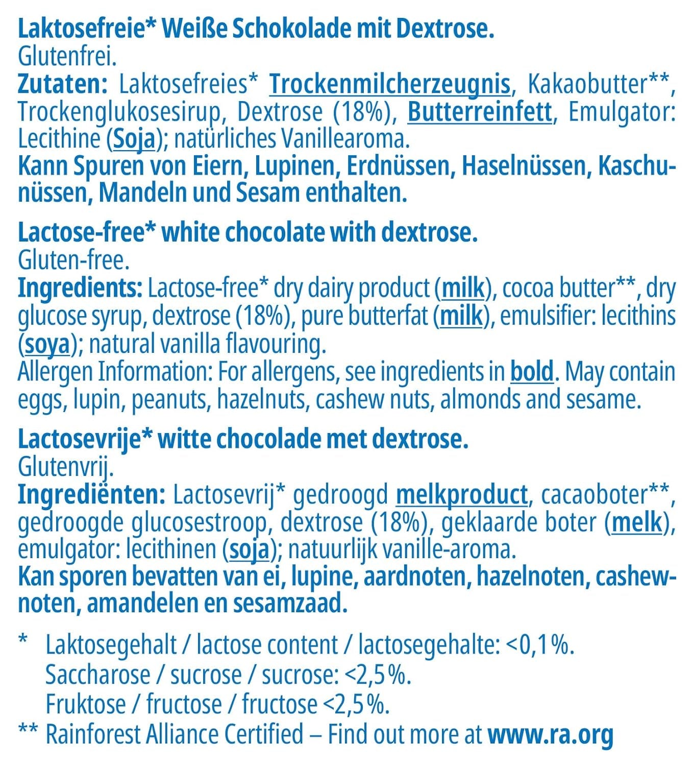 frankonia CHOCOLAT Ciocolată albă cu dextroză, fără lactoză și fără gluten, 80 g