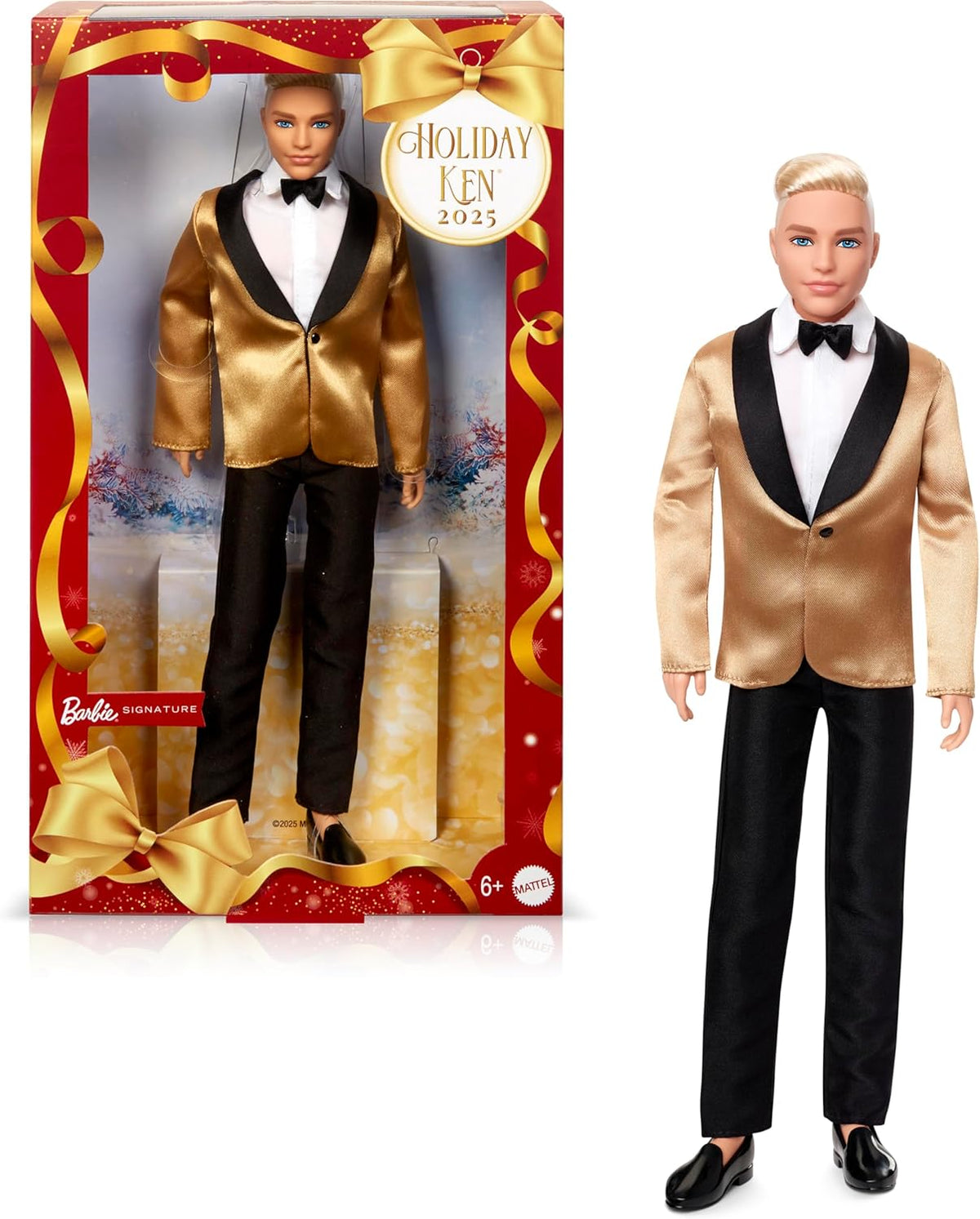 Barbie Signature 2025 Holiday Blonder Ken Modepuppe zum Sammeln in komplettem Anzug mit Goldener Jacke in Einer Verpackung zum Ausstellen und mit Puppenständer, JGK55